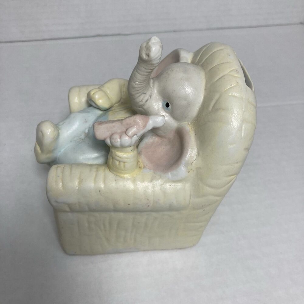 Vintage Ceramic Elephant Figurine Nursery In Chair On Phone Pastel Coin Bank - Picture 4 of 5